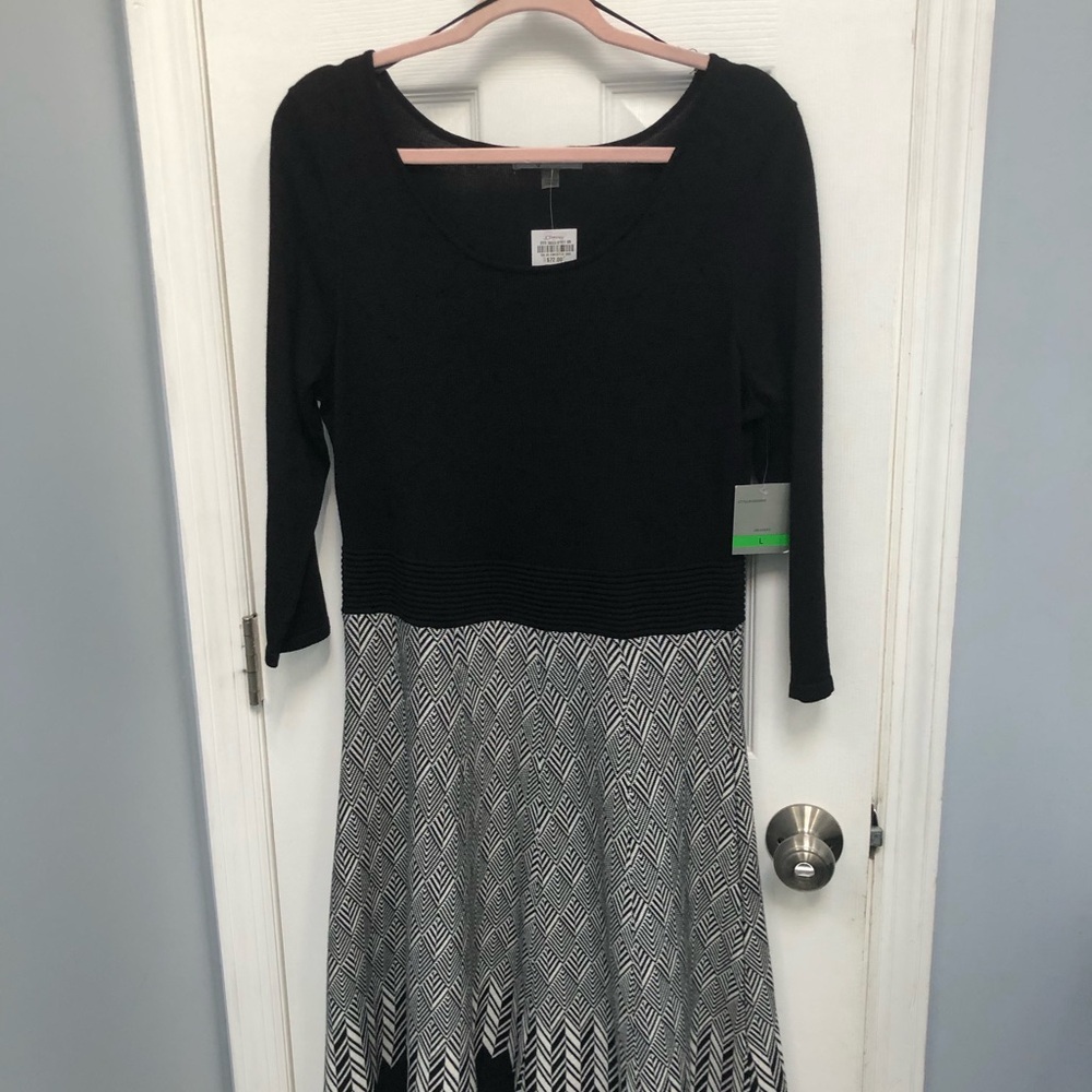 Danny & Nicole Black White Geometric Knit Sweater Dress Fit Flare Scoop L NWT